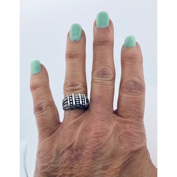 Estate Sterling Silver 925 Wide Band Ring, Bold Textured Design, Size 8.5, 4.7g - Picture 6 of 11